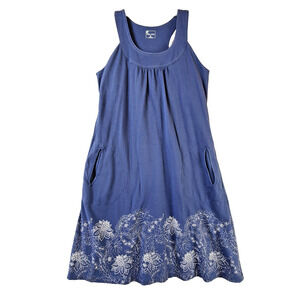 Title Nine Sleeveless Dress Women Medium Blue Organic Cotton White Floral Hem